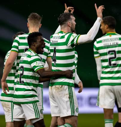 Celtic's Shane Duffy is surrounded by team-mates as he celebrates scoring  the clinching goal in the  2-0 win over Kilmarnock (Photo by Craig Williamson / SNS Group)