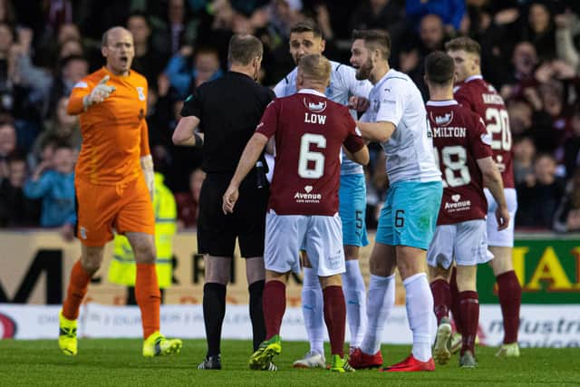 Inverness' Danny Devine protests his sending off by referee Willie Collum during the victory over Arbroath.