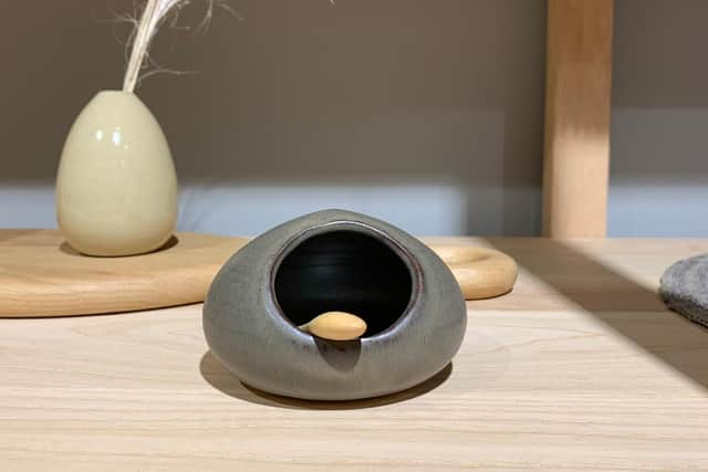 A stoneware salt cellar, hand thrown and glazed by Cara Guthrie at her small workshop near the Pentland Hills outside Edinburgh.