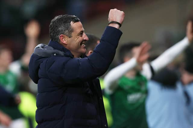 Jack Ross shows his delight after the win over Rangers.