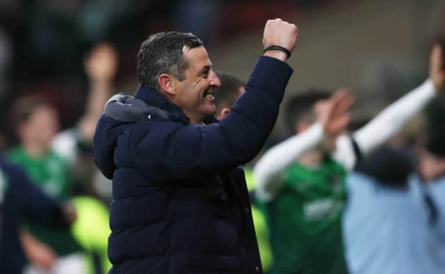 Jack Ross shows his delight after the win over Rangers.