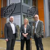 From left: Alastair McMillen of the Scottish National Development Bank, Nicola Douglas of the SNIB, and Orbex chief financial officer Simon Beswick at Orbex facilities in Forres, Moray. Picture: contributed.