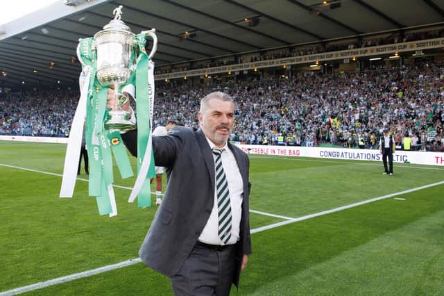 The cards fell beautifully for Ange Postecoglou to become Tottenham Hotspur manager immediately after landing a Scottish Cup that bagged Celtic a world-record eighth treble...and  the club he left behind have plenty to play as they seek a successor. (Photo by Mark Scates / SNS Group)