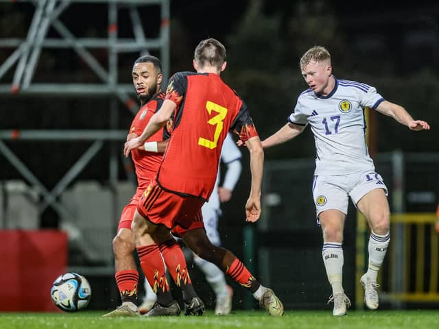 Dundee's Lyall Cameron scores for Scotland Under-21s in the 2-0 victory in Belgium. (Photo by BRUNO FAHY/BELGA MAG/AFP via Getty Images)
