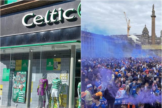 A Rangers fan was pictured urinating in the doorway of the Celtic store in Glasgow city centre.