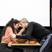 Mara Huf and Cal MacAninch in rehearsals for Childminder