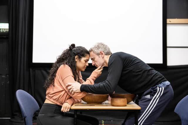 Mara Huf and Cal MacAninch in rehearsals for Childminder