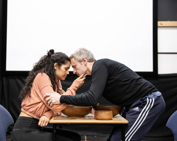 Mara Huf and Cal MacAninch in rehearsals for Childminder