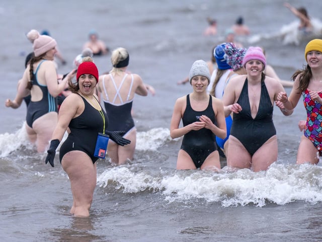 Swimmers take a dip in the Firth of Forth at Portobello in Edinburgh, to mark International Women's Day. Photo: Jane Barlow/PA Wire