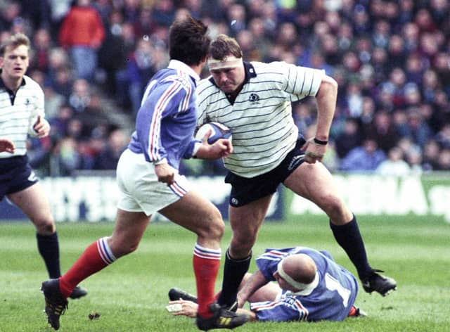 Peter Walton in action (right) against France in the 1994 Five Nations, with current Scotland coach Gregor Townsend on the left. Picture: SNS