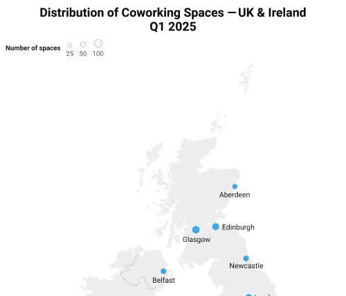 Distribution of Coworking Spaces across the UK and Ireland in Q1 2025