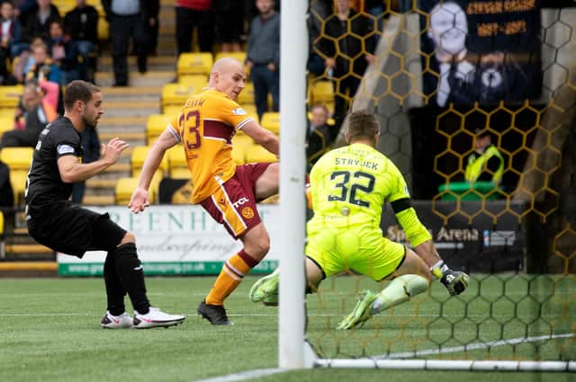 One to treasure for Motherwell's Liam Grimshaw as he nets his first senior goal to give the Fir Park side victory in Livingston. Photo by Craig Foy / SNS Group