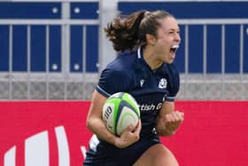 Scotland's Rhona Lloyd celebrates after she scores a first half try during a friendly match between Scotland Women and Spain Women.
