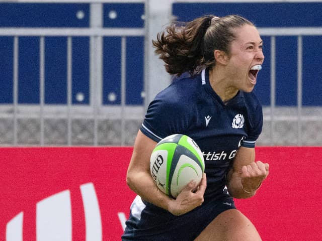 Scotland's Rhona Lloyd celebrates after she scores a first half try during a friendly match between Scotland Women and Spain Women.