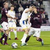 Hearts' Kenneth Vargas goes down in the box during the match against St Johnstone.