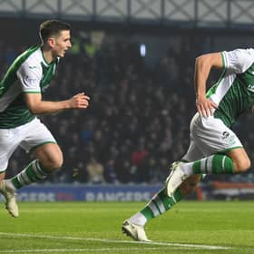 Ryan Porteous celebrates after putting Hibs 1-0 ahead at Ibrox. (Photo by Craig Foy / SNS Group)