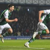 Ryan Porteous celebrates after putting Hibs 1-0 ahead at Ibrox. (Photo by Craig Foy / SNS Group)