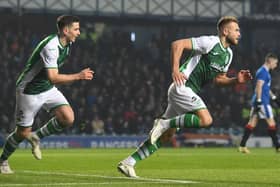 Ryan Porteous celebrates after putting Hibs 1-0 ahead at Ibrox. (Photo by Craig Foy / SNS Group)