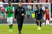 Hibs manager Nick Montgomery applauds the supporters after Hibs' 4-0 defeat by Aberdeen at Easter Road.
