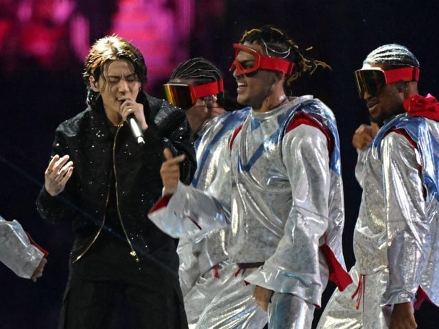South Korean singer Jung Kook performs during the opening ceremony ahead of the Qatar World Cup.