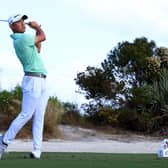 Collin Morikawa hits his tee shot on the second hole during the second round of the Hero World Challenge at Albany Golf Course in the Bahamas. Mike Ehrmann/Getty Images.