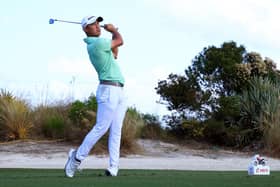 Collin Morikawa hits his tee shot on the second hole during the second round of the Hero World Challenge at Albany Golf Course in the Bahamas. Mike Ehrmann/Getty Images.