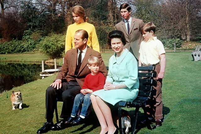 The Duke of Edinburgh and Queen Elizabeth II with their children (from left) Princess Anne, Prince Edward, Prince Charles and Prince Andrew in the garden of the Frogmore Estate, Berkshire, in 1968