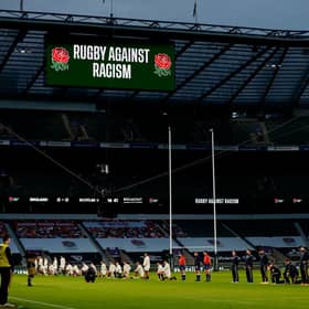 Some players stand and others take the knee ahead of the England v Scotland Six Nations match at Twickenham. Picture: Adrian Dennis/AFP via Getty Images