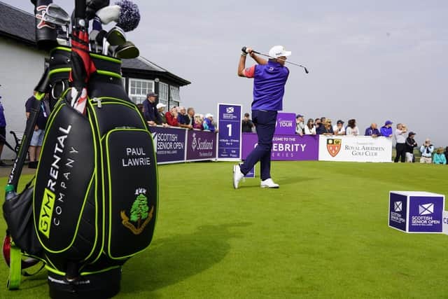 Tournament host and defending champion Paul Lawrie tees off in the celebrity pro-am at Royal Aberdeen for the Scottish Senior Open. Picture: Getty Images