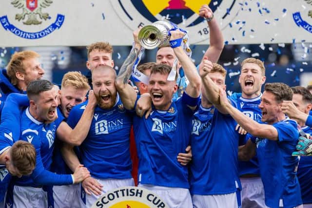 St Johnstone players celebrate their Scottish Cup Final victory over Hibs at Hampden in May. (Photo by Craig Williamson / SNS Group)