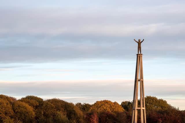 The 23.5m-high main statue in the Hope Sculpture triptych - which celebrates the legacy of COP26 in Glasgow and the battle to protect the environment - has been erected at Cuningar Loop Woodland Park in South Lanarkshire