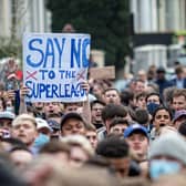 Chelsea fans protest against the Super League outside Stamford Bridge.