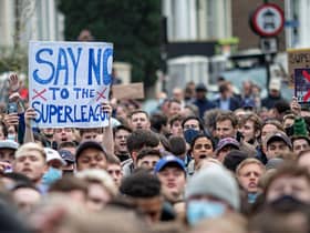 Chelsea fans protest against the Super League outside Stamford Bridge.