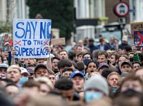 Chelsea fans protest against the Super League outside Stamford Bridge.
