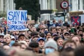 Chelsea fans protest against the Super League outside Stamford Bridge.