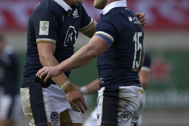 Jamie Ritchie and Stuart Hogg during Scotland's Six Nations win over Wales in Llanelli in 2020. (Photo by Craig Williamson / SNS Group)