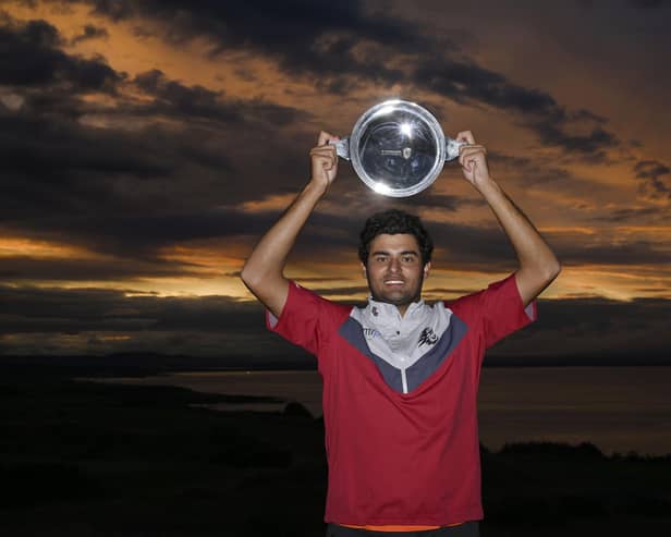 Spain's Eugenio Chacarra shows off the trophy after winning the inaugural St Andrews Bay Championship at Fairmont St Andrews. Picture: Paul Lakatos/Asian Tour.