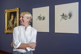 Artist Alison Watt stands in front of two of her new paintings and a painting by Allan Ramsay which inspired them - part of Alison Watt: A Portrait Without Likeness at the Scottish National Portrait Gallery in Edinburgh PIC: Neil Hanna