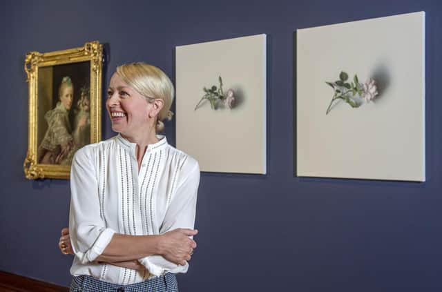 Artist Alison Watt stands in front of two of her new paintings and a painting by Allan Ramsay which inspired them - part of Alison Watt: A Portrait Without Likeness at the Scottish National Portrait Gallery in Edinburgh PIC: Neil Hanna