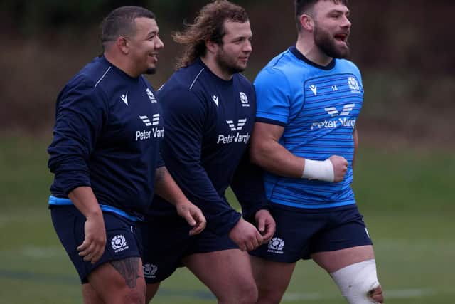 Rory Sutherland, right, will be Scotland's starting loosehead prop against England, with Pierre Schoeman, centre, on the bench. Javan Sebastian, left, is not in the matchday 23.
 (Photo by Craig Williamson / SNS Group)