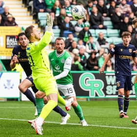Hibs striker Dylan Vente heads the ball on target during the 0-0 draw with Dundee. (Photo by Simon Wootton / SNS Group)