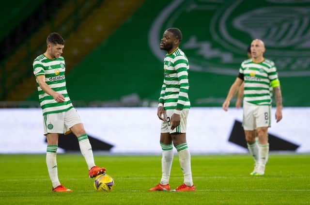 Disappointment for Celtic's Ryan Christie, Olivier Ntcham and Scott Brown during the defeat by Ferencvaros.