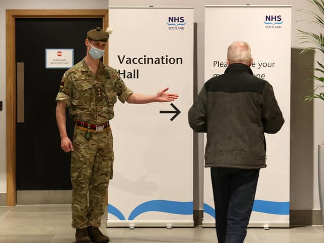 Military personnel, who are assisting with the vaccination programme, at the Royal Highland Showground near Edinburgh picture: PA/Andrew Milligan