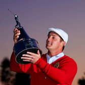 Bryson DeChambeau lifts the trophy after winning the Arnold Palmer Invitational Presented by MasterCard at the Bay Hill Club and Lodge in Orlando, Florida. Picture: Sam Greenwood/Getty Images.