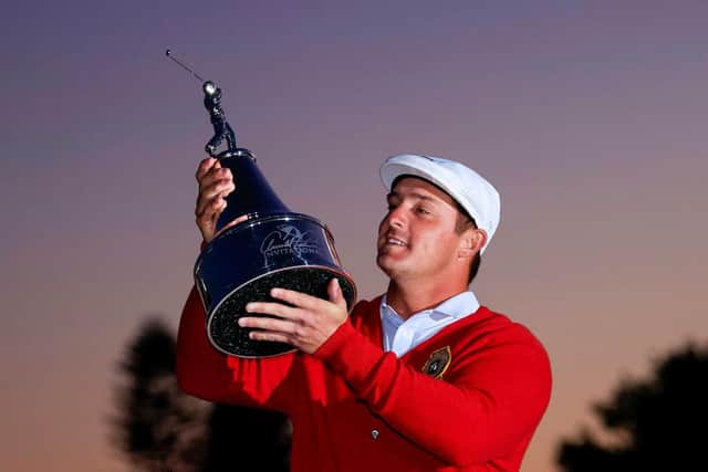 Bryson DeChambeau lifts the trophy after winning the Arnold Palmer Invitational Presented by MasterCard at the Bay Hill Club and Lodge in Orlando, Florida. Picture: Sam Greenwood/Getty Images.