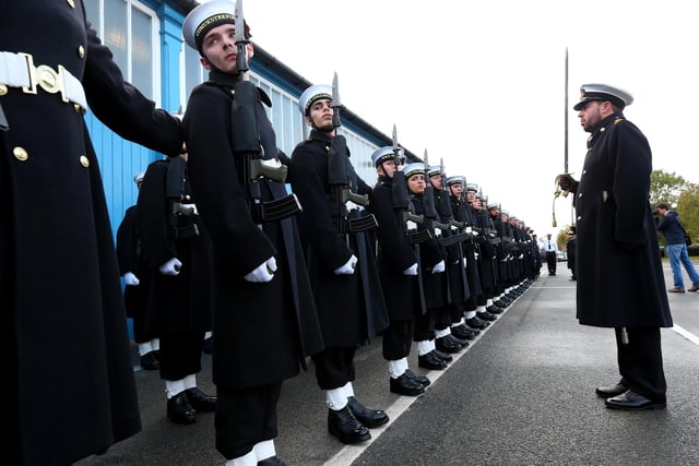 The Royal Navy's Ceremonial Guard in their final rehearsal for their duties at the Cenotaph in London, on Remembrance Sunday. They were photographed at Whale Island, Portsmouth. Picture: Chris Moorhouse   (jpns 101121-15)