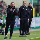 Hibs boss Lee Johnson encourages his players during the Premiership clash with St Mirren at Easter Road.  (Photo by Ross Parker / SNS Group)