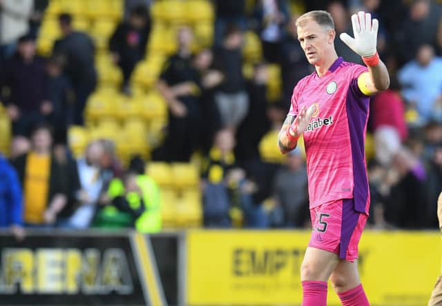 LIVINGSTON, SCOTLAND - SEPTEMBER 19: Celtic's Joe Hart at full time during a cinch Premiership match between Livingston and Celtic at the Tony Macaroni Arena on September 19, 2021, in Livingston, Scotland. (Photo by Ross MacDonald / SNS Group)