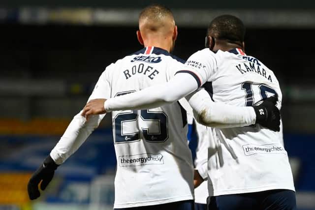 Rangers' Glen Kamara (right) celebrates making it 2-0 with Kemar Roofe during a Scottish Premiership match between St Johnstone and Rangers at McDiarmid Park, on December 23, 2020, in Perth, Scotland. (Photo by Rob Casey / SNS Group)