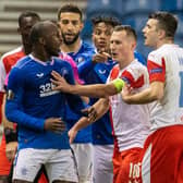 Rangers' Glen Kamara reacts to a comment made by Slavia's Ondrej Kudela during the UEFA Europa League Round of 16 2nd Leg match at Ibrox on March 18. (Photo by Alan Harvey / SNS Group)